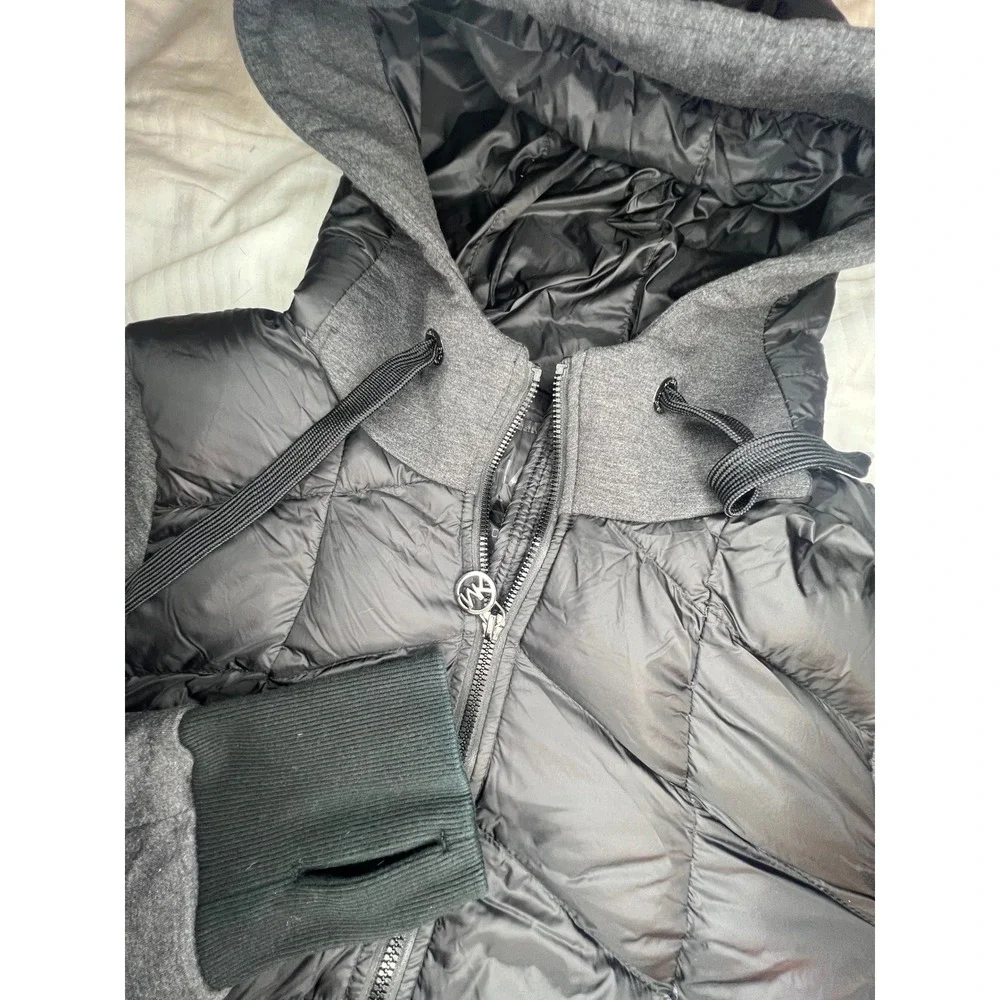 Michael Kors Womens Hybrid Puffer Jacket Black Gray Hooded‎ Thumbholes Large
